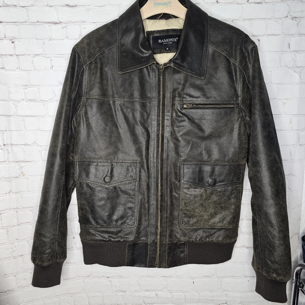 Ramonti New York Vtg Leather Distressed Bomber Moto Jacket fleece collar Sz M